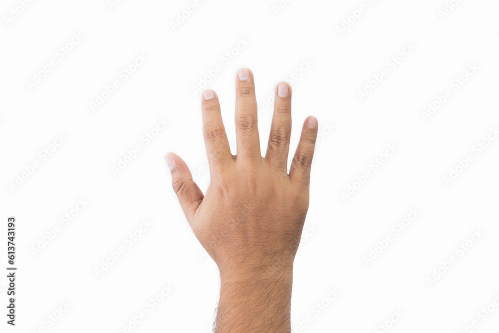 Close-up man's back of hand goodwill gesture. Open outstretched hand, showing five fingers, extended in greeting copy space isolated on white background. Space for text.