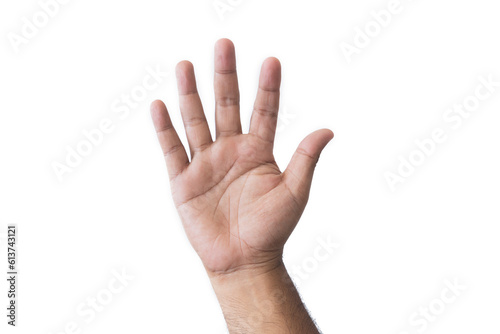 Close-up man's hand goodwill gesture. Open outstretched hand, showing five fingers, extended in greeting copy space isolated on white background. Space for text.