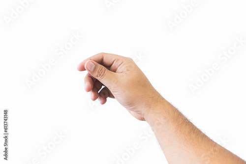 Close-up man's hand holding something like a blank card. Open outstretched hand, showing five fingers, extended in greeting copy space isolated on white background. Space for text.