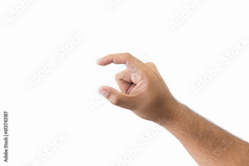 Close-up man's hand holding something. Open outstretched hand, showing five fingers, extended in greeting copy space isolated on white background. Space for text.