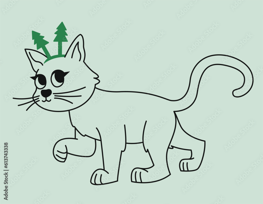 Obraz premium Cat with Christmas trees headband. Cute animal in doodle style.