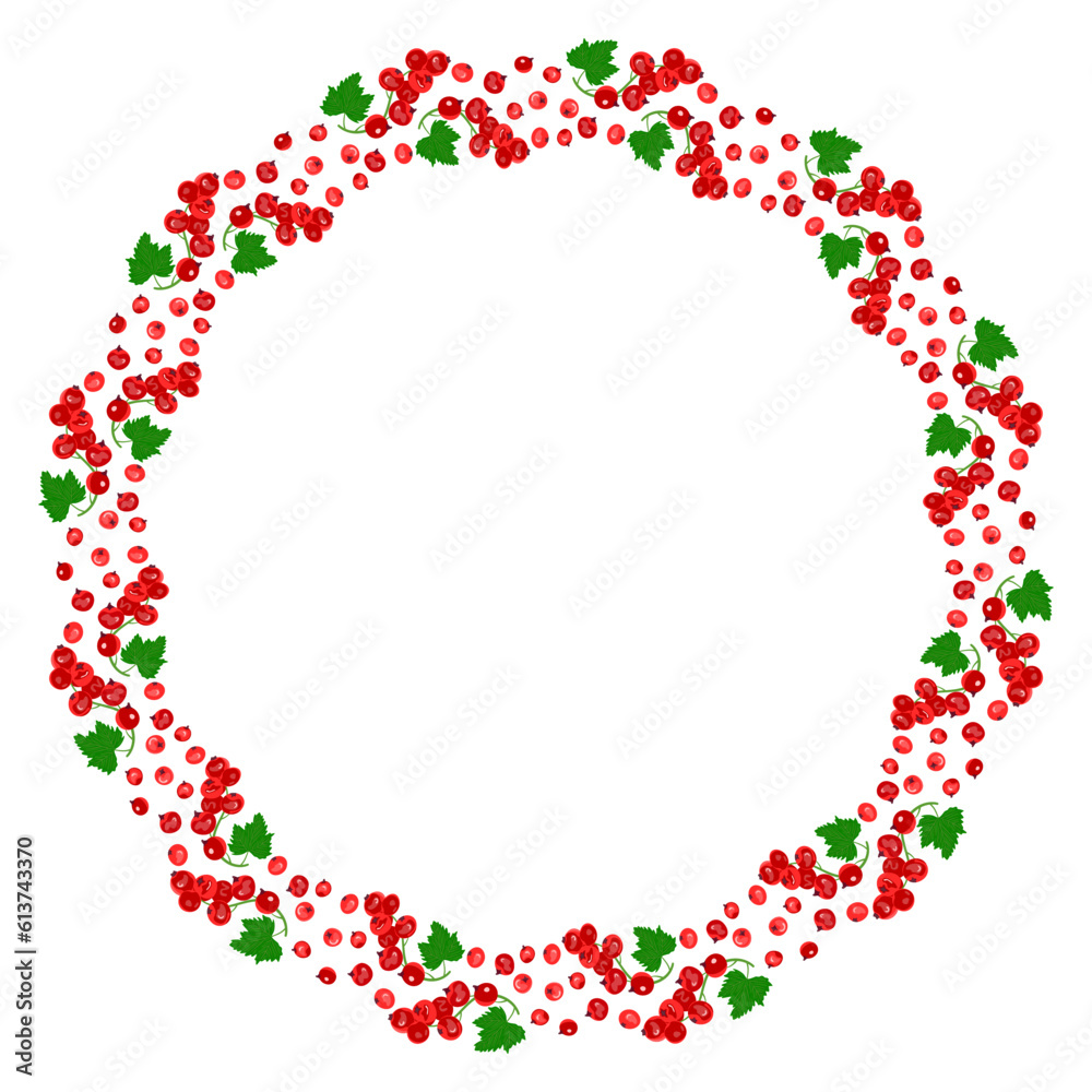 Round frame of red currant berries with green leaves. The concept of healthy eating. Ripe berries. Fruit picking. Vector illustration in a flat style.