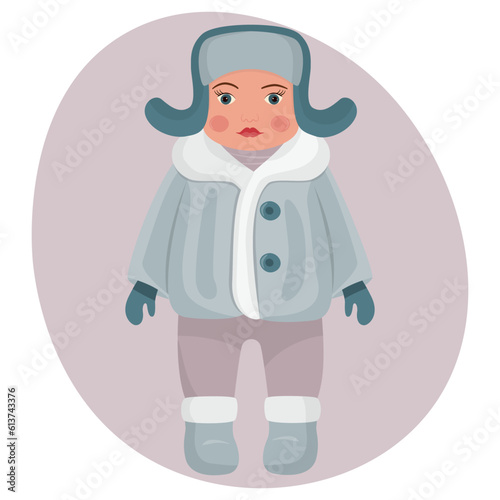 A doll in a warm fur coat, a hat with earflaps and felt boots. A retro-style toy. A little boy in winter clothes. Vector illustration.