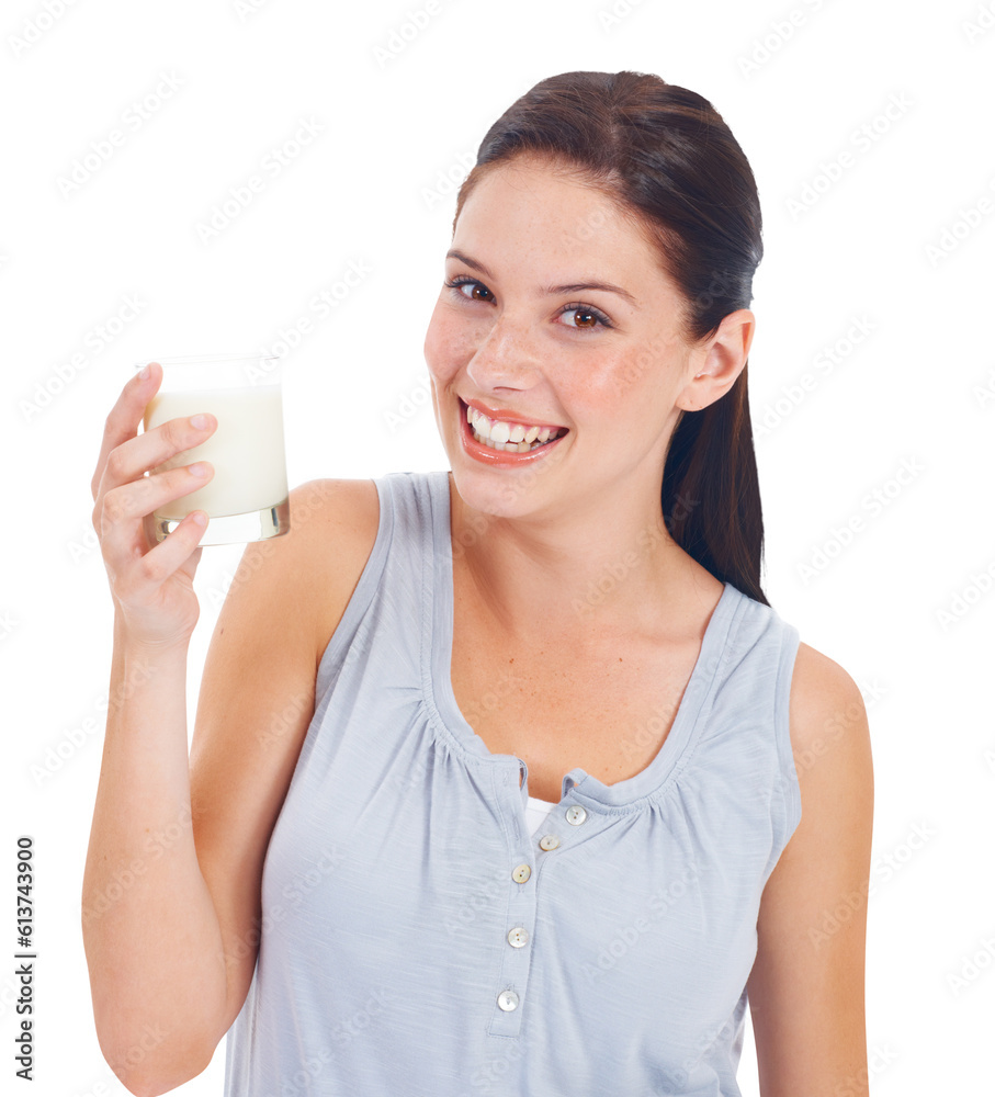 Glass, milk and happy portrait of woman for healthy drink, bone benefits and detox or protein and nutrition. Calcium, dairy and smile on face of young person isolated on transparent, png background Glass, milk and happy portrait of woman for healthy drink, bone benefits and detox or protein and nutrition. Calcium, dairy and smile on face of young person isolated on transparent, png background
