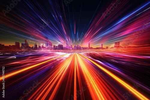 Speed light trails path through smart modern mega city and skyscrapers town with neon futuristic technology background, future virtual reality, motion effect, high speed light, with Generative Ai. © TANATPON