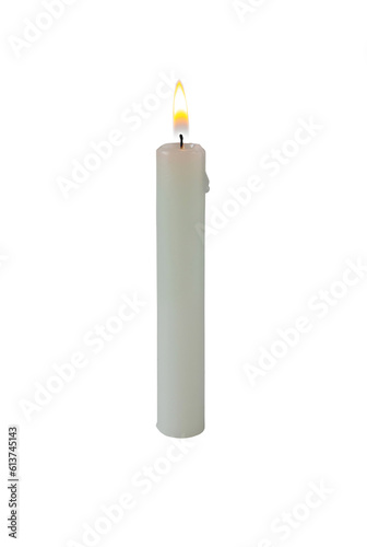 Burning candle made of white paraffin wax isolated transparent png. Bright flame.