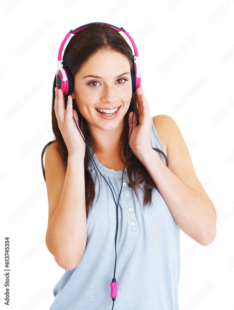 Headphones, music and happy woman in portrait on audio streaming, education podcast or electronics. Smile of young person listening to song on retro technology isolated on transparent, png background Headphones, music and happy woman in portrait on audio streaming, education podcast or electronics. Smile of young person listening to song on retro technology isolated on transparent, png background