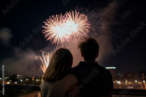 couple from behind watching at fireworks, love