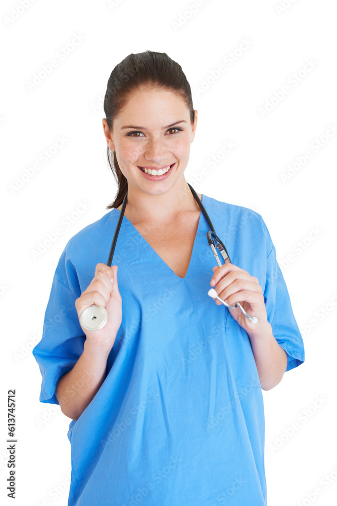 Woman, stethoscope and happy doctor portrait for healthcare service, clinic or cardiology support. Face of medical person, nurse or surgeon for internship isolated on transparent, png background Woman, stethoscope and happy doctor portrait for healthcare service, clinic or cardiology support. Face of medical person, nurse or surgeon for internship isolated on transparent, png background