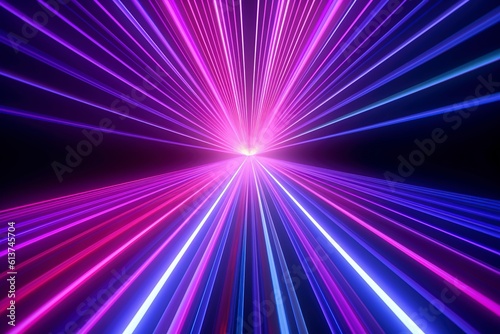 3d render, abstract simple neon background, ultra violet rays, blue and pink glowing lines, cyber network data, speed of light, space, and time strings. AI Generative