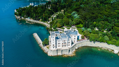Miramare Castle Trieste Italy drone aerial view. Landscape, background 