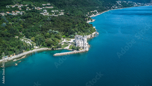 Miramare Castle Trieste Italy drone aerial view. Landscape, background 