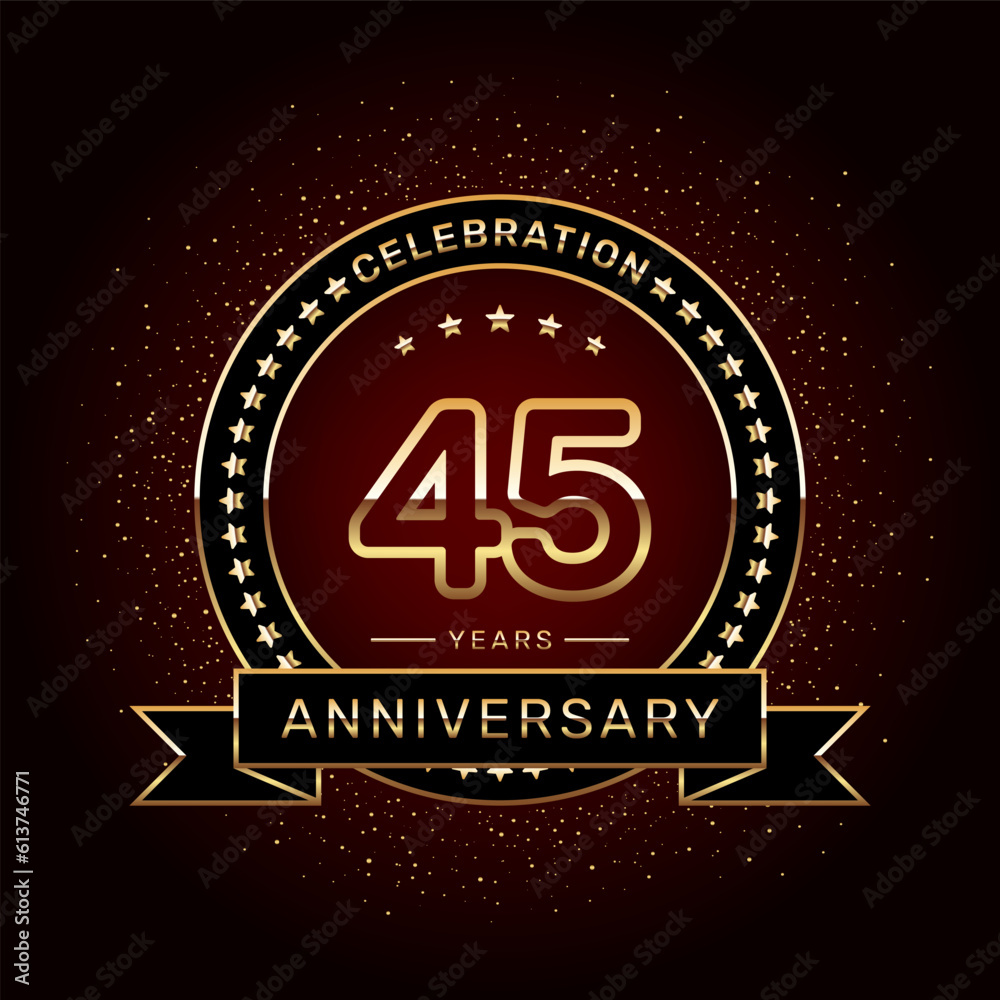 Fototapeta premium 45th anniversary celebration logo design with a golden ring and ribbon, vector template