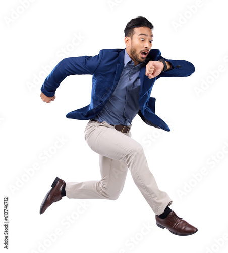 Wristwatch, jump and Asian man late, time or consultant isolated on a transparent background. Male person, entrepreneur or employee with schedule, appointment or stress with clock, jumping or png