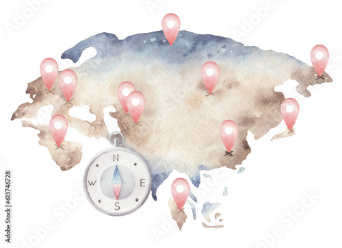 Watercolor composition with map of Eurasia and compass. Watercolor map. Watercolor Eurasia. photo