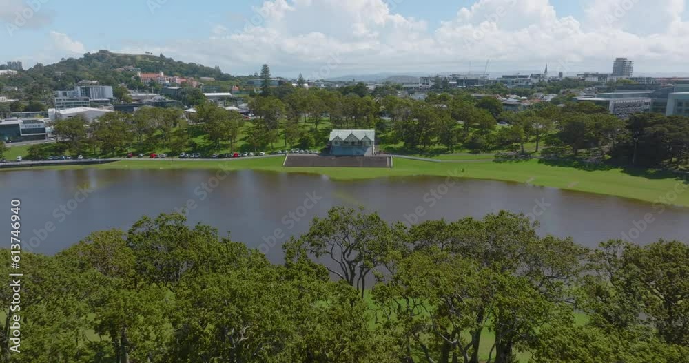 Aerial: Flooded cricket pitch on a sports field. Auckland. New Zealand Aerial: Flooded cricket pitch on a sports field. Auckland. New Zealand