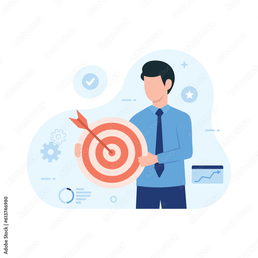 Ambitious characters aiming in target and shooting with arrow. Target concept illustration Ambitious characters aiming in target and shooting with arrow. Target concept illustration