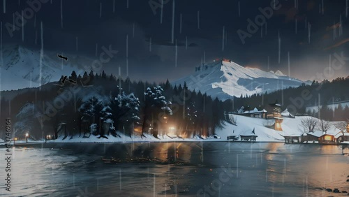 In an anime animation, a misty night envelops a serene lake, accompanied by rain, lightning, and the chill of the cold season, creating a captivating atmosphere