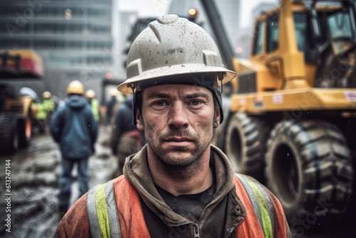 Portrait of Successful worker Wearing Hard Hat and Safety Vest Standing on a Commercial Building Construction Site © aboutmomentsimages