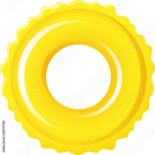 Swimming 3d ring for summer party. Inflatable yellow rubber toy  with wavy edge. Top view swimming circle for ocean, sea, pool. Lifebyou swimming ring. Summer vacation or trip safety