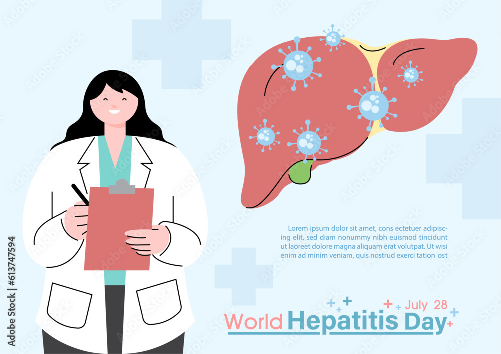 Doctor in cartoon character holding a clip board with virus on a human liver, wording of hepatitis day and example texts on blue background. World hepatitis day's poster campaign in flat style Doctor in cartoon character holding a clip board with virus on a human liver, wording of hepatitis day and example texts on blue background. World hepatitis day's poster campaign in flat style