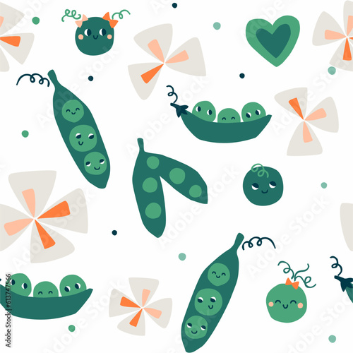 Vector seamless pattern with green peas and flowers.