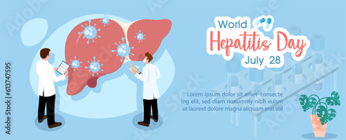 Concept of hepatitis A, B, C, D, and world hepatitis day campaign's poster with doctors treat the liver in flat style and banner vector design.