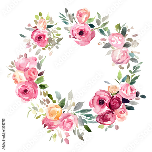Circle frame with watercolor flowers yellow and pink roses and green leaves. Round template isolated on white