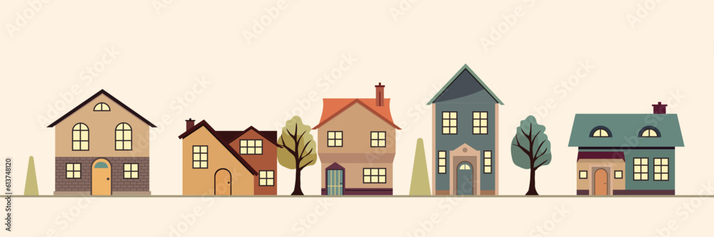 Houses exterior vector illustration front view with roof. Townhouse building apartment. Home facade with doors and windows.