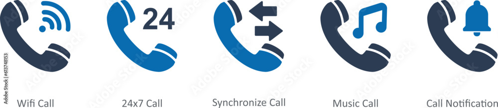 A set of 5 Contact icons as wifi call, 24x7 call, synchronize call