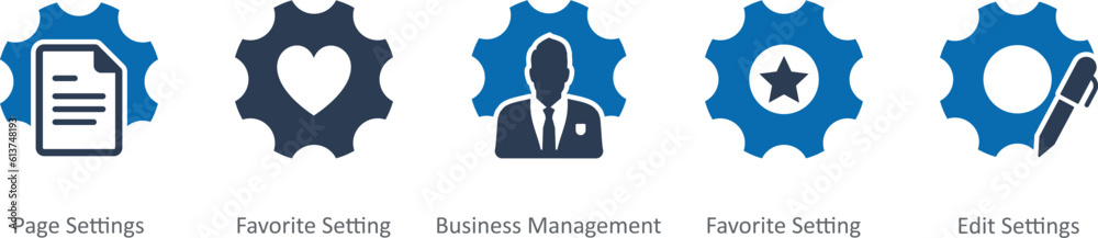 A set of 5 Contact icons as page settings, favorite setting, business management A set of 5 Contact icons as page settings, favorite setting, business management