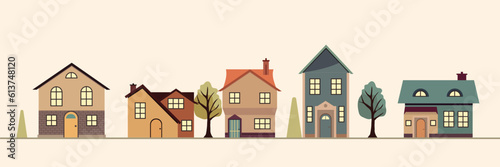 Houses exterior vector illustration front view with roof. Townhouse building apartment. Home facade with doors and windows.