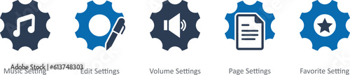 A set of 5 Contact icons as music setting, edit settings, volume settings