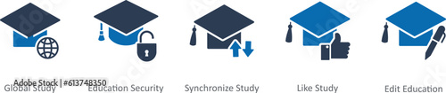 A set of 5 Contact icons as global study, education security, synchronize study