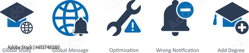 A set of 5 Contact icons as global study, global message, optimization