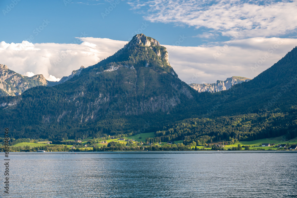 View of wolfgangsee and mountains in background at St. Wolfgang Salzkammergut, Austria.