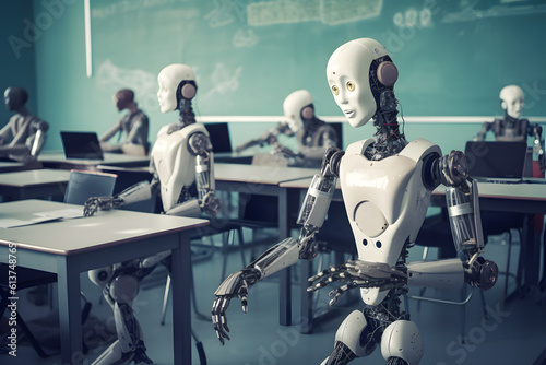 Droid robot team on training in higher education auditorium communication relationship, study knowledge development. Generative AI.