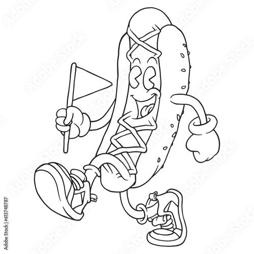 Coloring illustration of cartoon happy hotdog