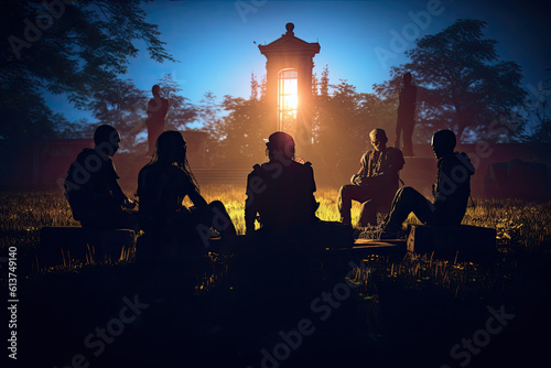 Silhouette of a sitting of zombies sitting towards the camera out of the mist. Generative ai