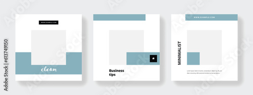 Elegant white and blue social media layouts with place for photos, copy space for digital marketing, business promotion of company products, presentation, well organized	