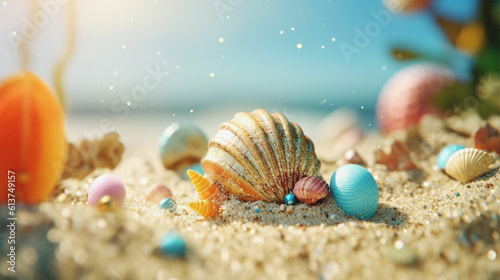 砂浜と貝殻の夏のイメージ　Shells on the summer beach. Created by generative AI © kyo