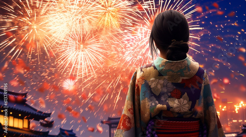 花火に見惚れる浴衣を着た女性　Lady in Kimono watching Fireworks. Created by generative AI