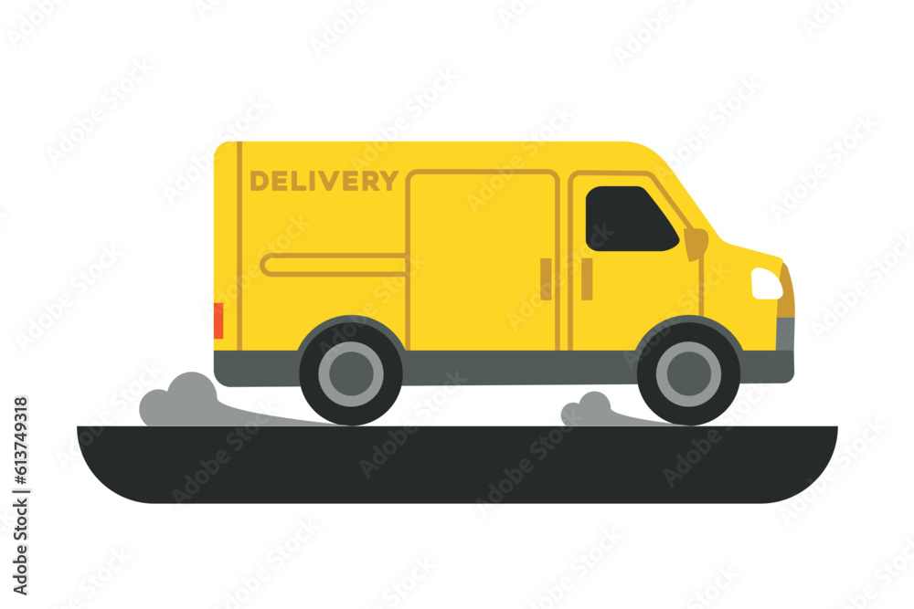 Courier delivering parcels using automobile. Fast delivery of large cargoes. Modern postal systems and regional parcel carriers. Vector flat illustration in yellow colors
