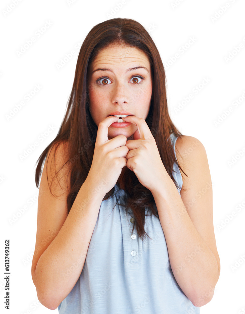 Anxiety, nervous and biting nails with portrait of woman on transparent background for fear, stress and shocked. Mental health, scared and problem with face of female person isolated on png for worry Anxiety, nervous and biting nails with portrait of woman on transparent background for fear, stress and shocked. Mental health, scared and problem with face of female person isolated on png for worry