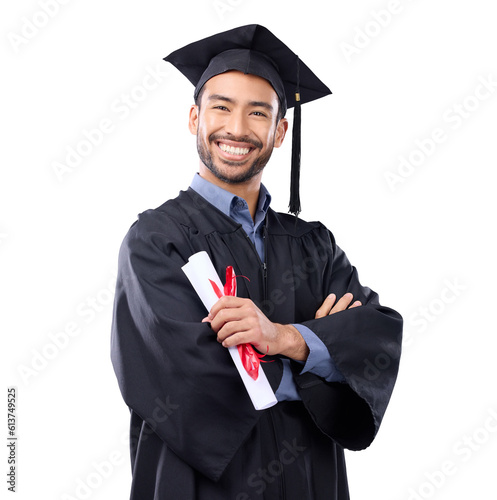 Portrait, certificate and graduation of Asian man with arms crossed isolated on a transparent png background. Smile, confident graduate and university student with diploma for education achievement.