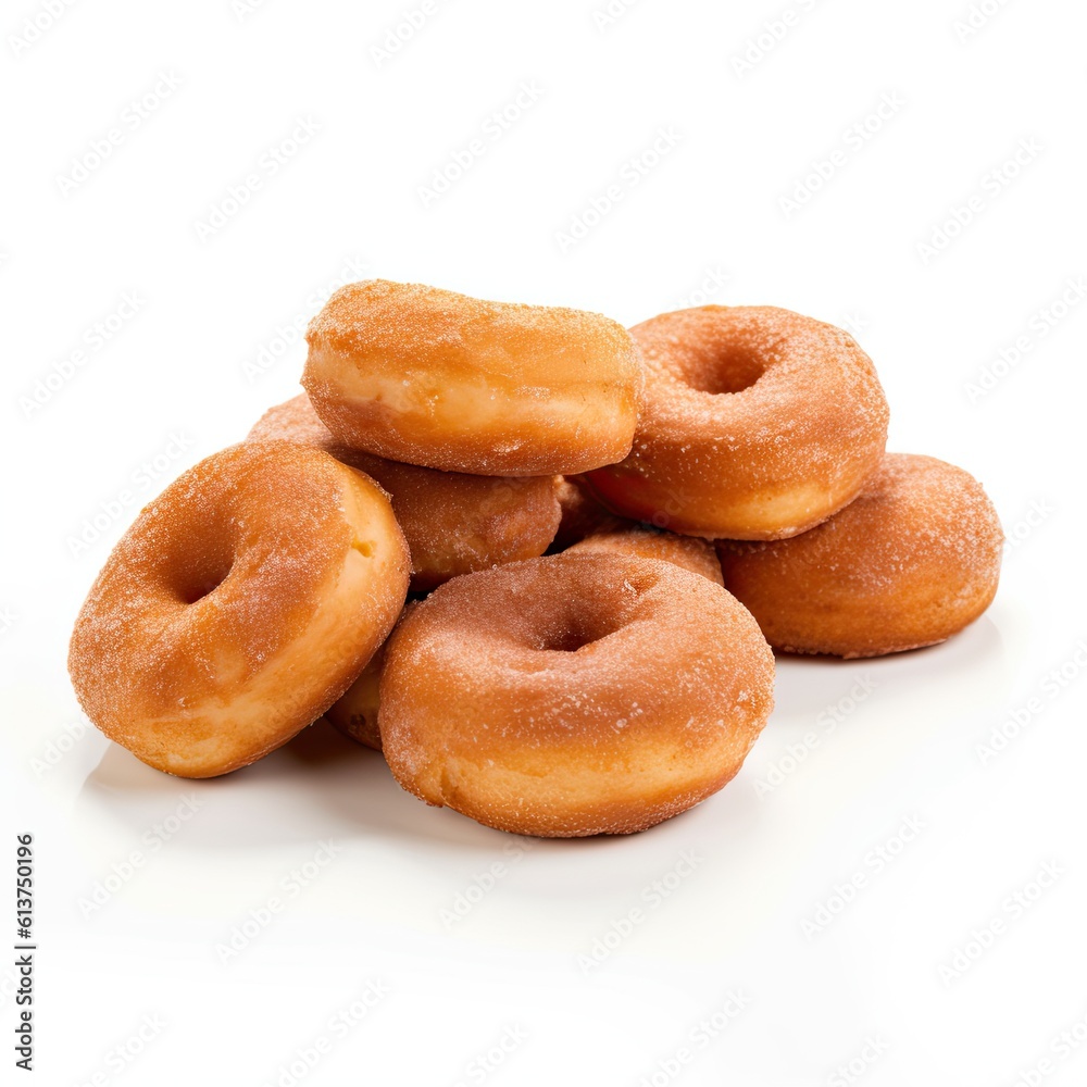 Freshly cooked ring donuts on a white background.
