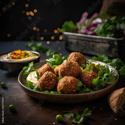 Several falafels on a plate with a green salad.