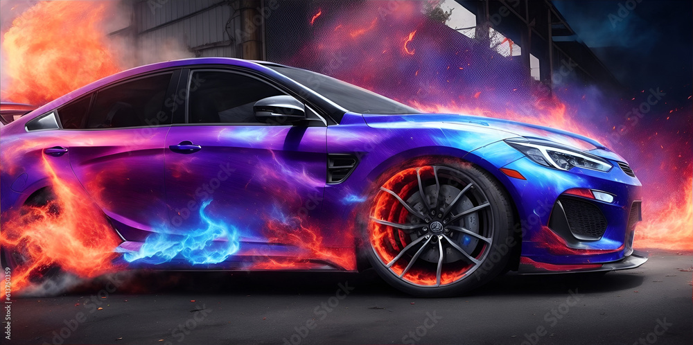 Aerography on car side colorful fire image banner. Generative AI