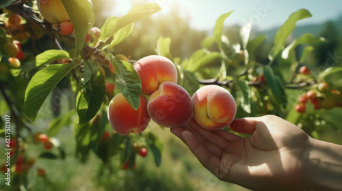 hand picking peaches in the garden. Generative Ai. 