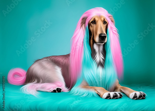 Afghan Hound with pink fur sitting on turquoise background. Generative AI